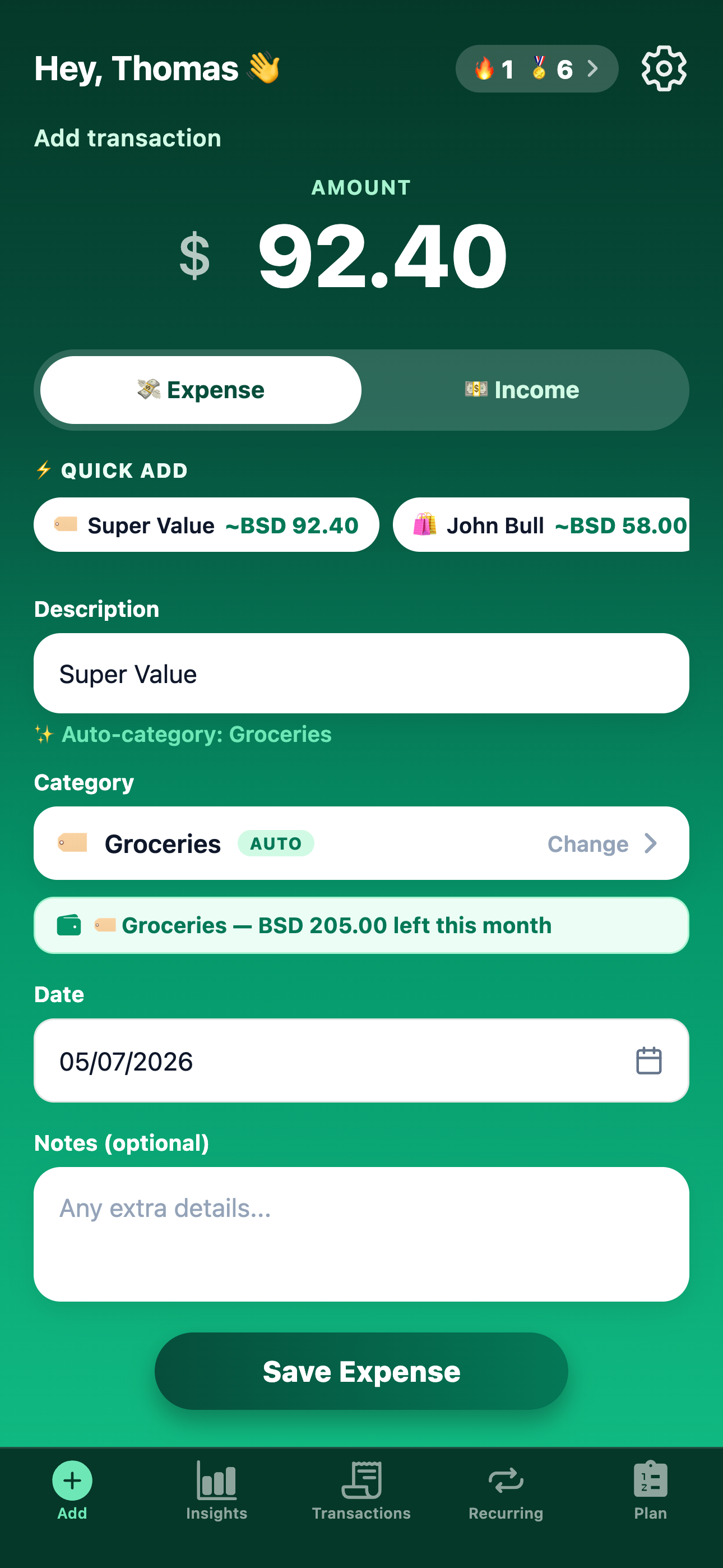 MoneyTree add-transaction screen