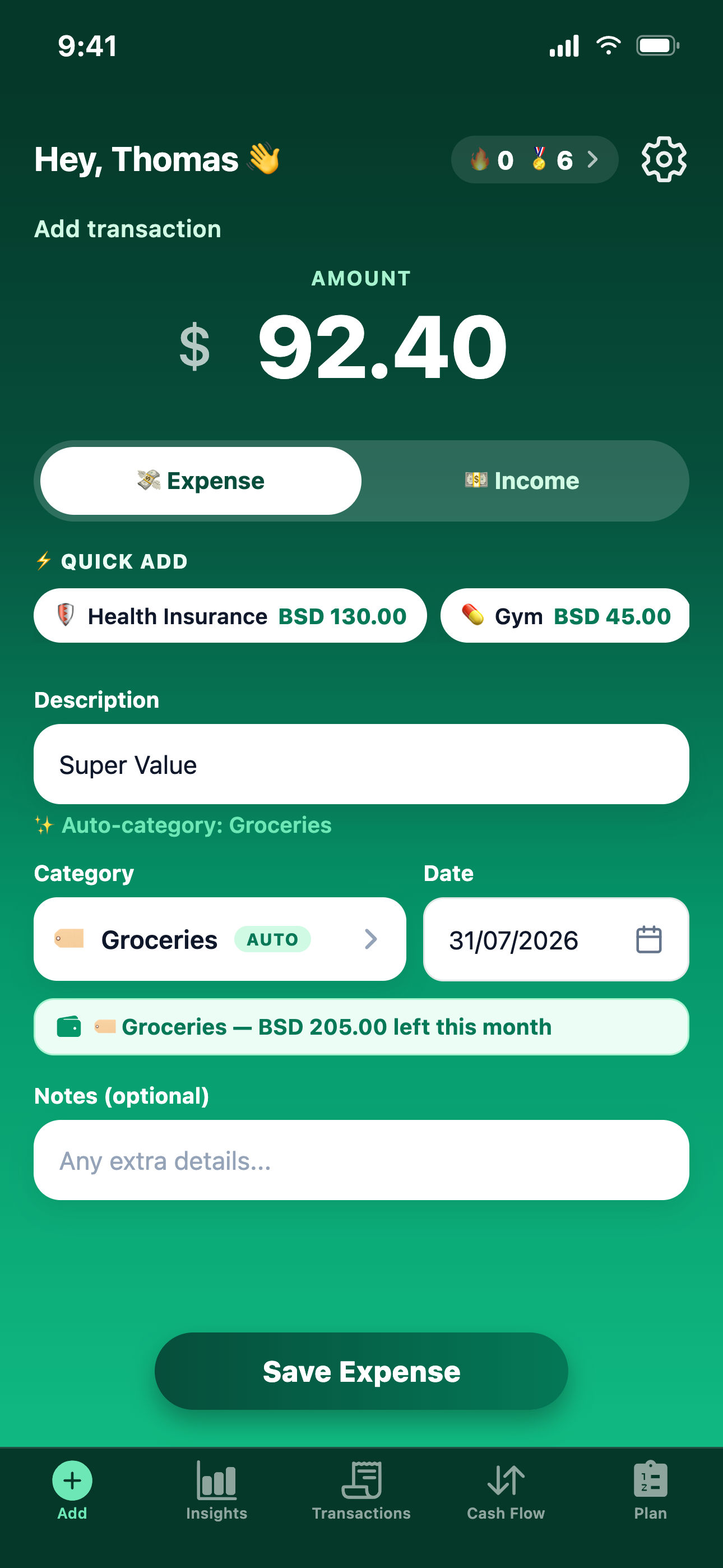 MoneyTree add-transaction screen
